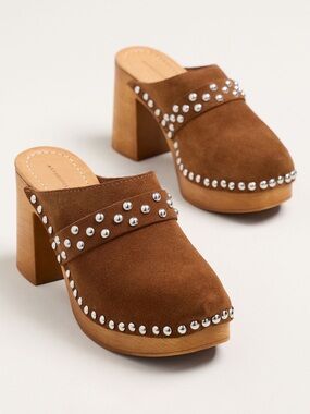 Anthropologie Chestnut Suede Studded Wooden Clog Mules
